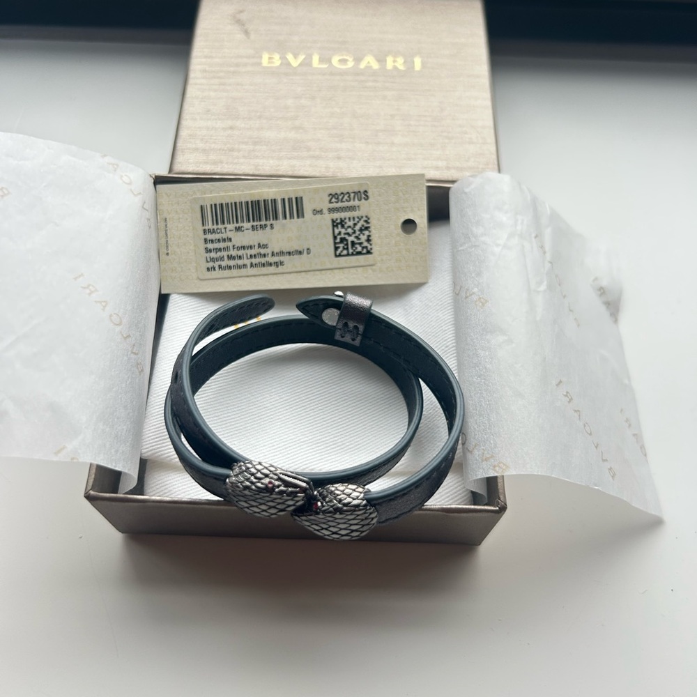 Bulgari Black Leather Serpenti Wrap Bracelet